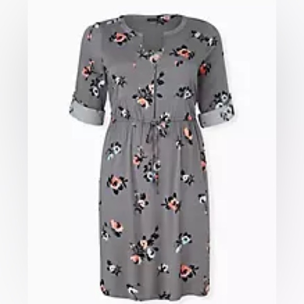 Torrid Grey Floral Challis Zip Front Drawstring Shirt Dress
